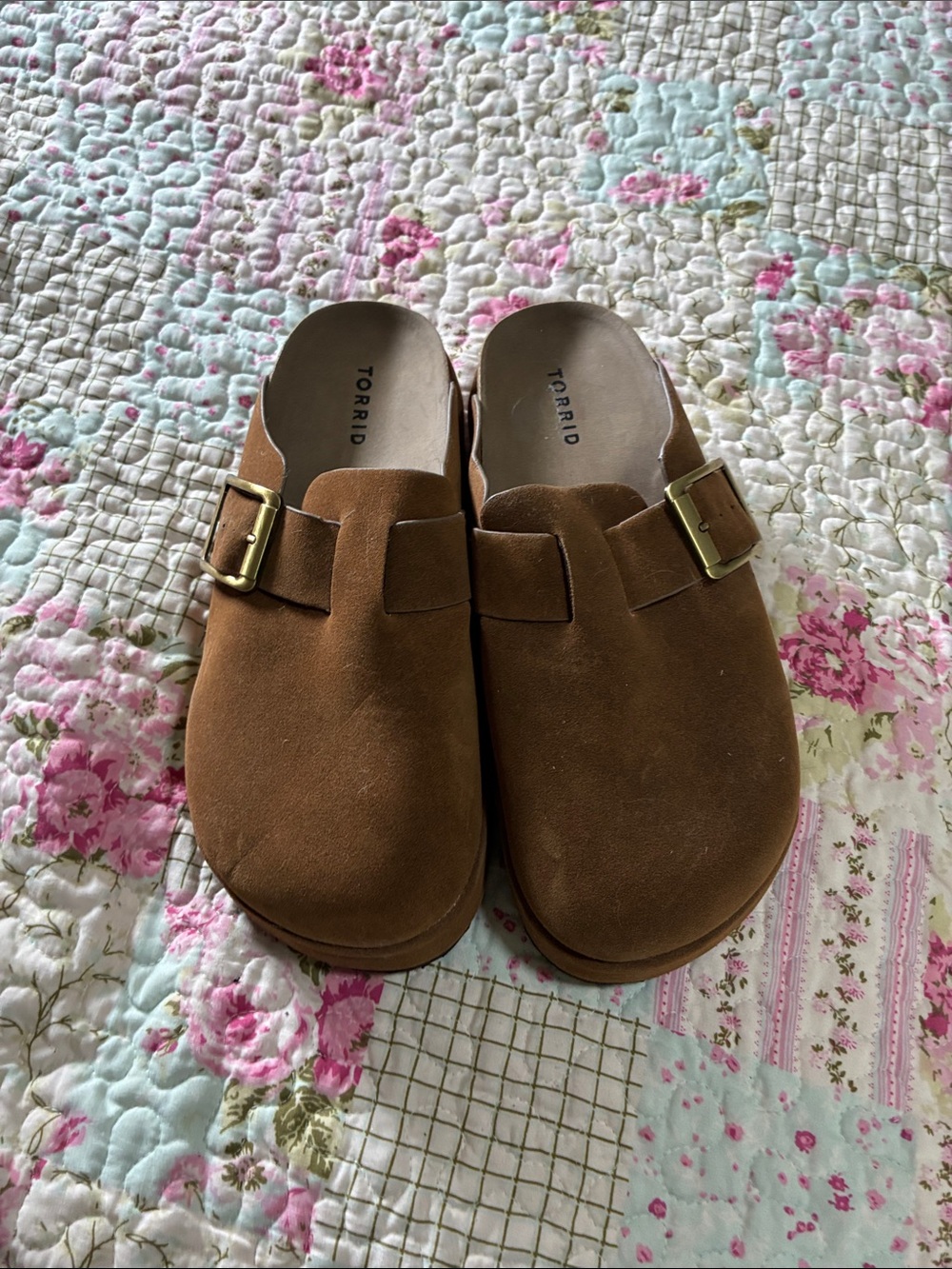 torrid Cognac Suede Slip-On Clogs with Gold Buckle